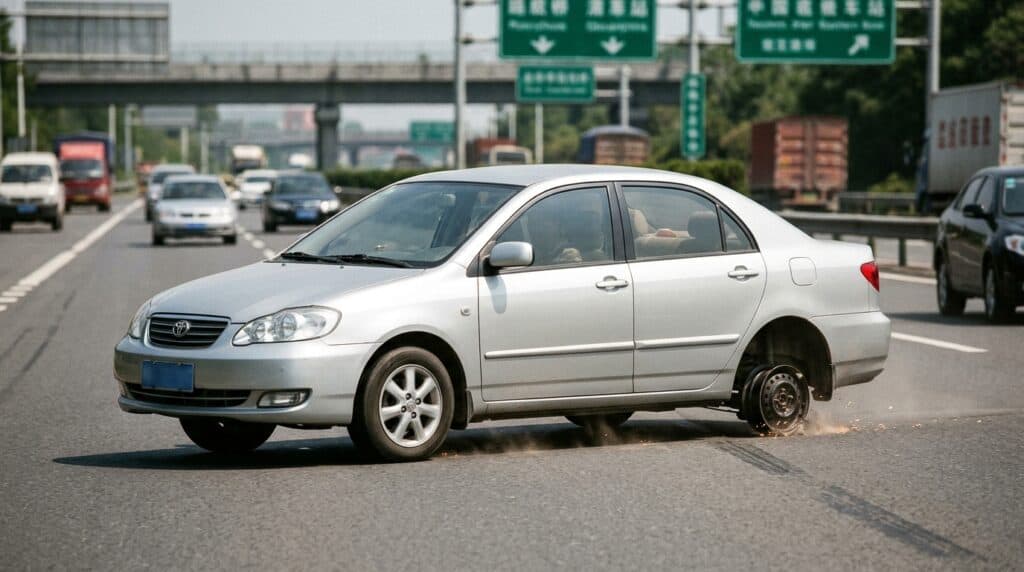 Çin'de Tekerleği Kilitlenen Otomobil Üç Tekerlek Üzerinde Yoluna Devam Etti 2 Gümüş renkli bir Toyota Corolla sedan, otoyolda sol arka tekerleği olmadan jantı üzerinde kıvılcımlar saçarak ilerliyor.