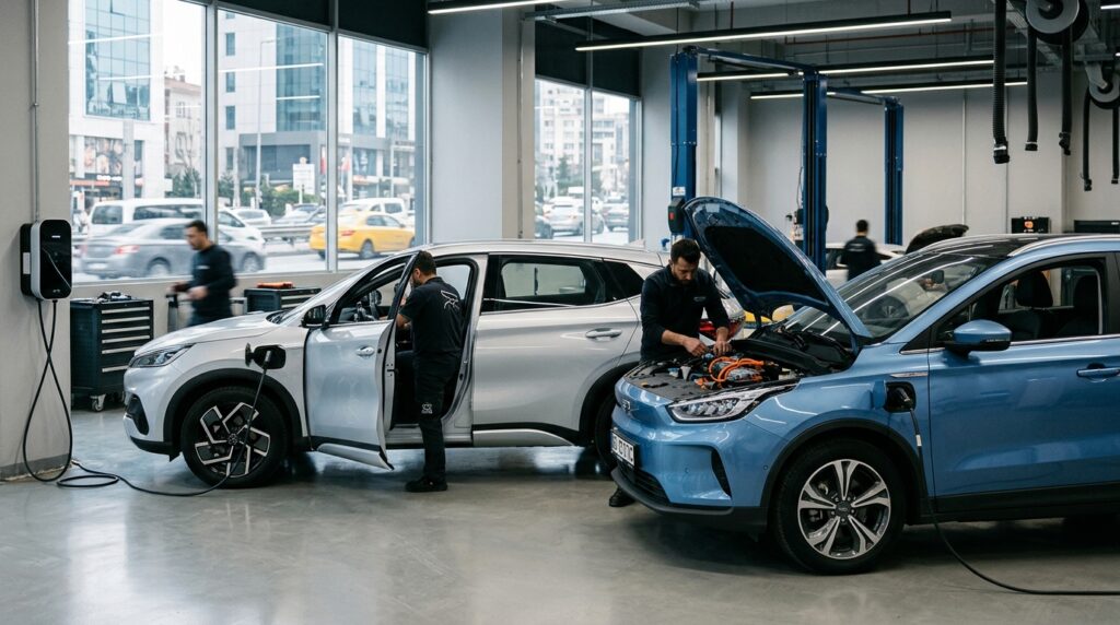 Çinli Elektrikli Arabalar Türkiye'de: BYD, Geely ve Servis Rehberi 1 Bir araç servisinde teknisyenler, şarj fişine takılı BYD ve Geely marka elektrikli otomobillerin bakımını yapıyor.