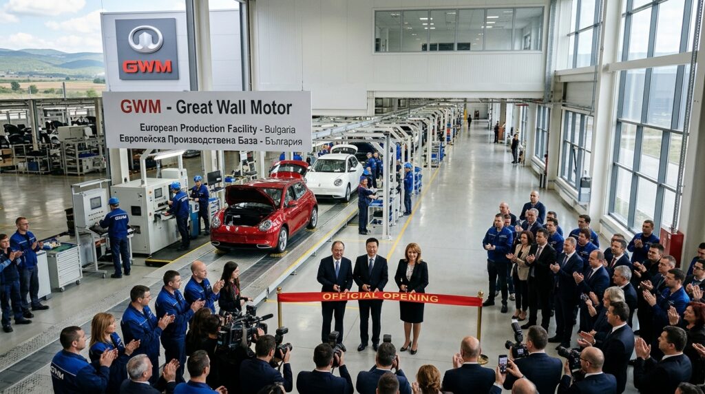Çinli GWM, Avrupa’daki İlk Üretim Tesisini Bulgaristan’da Faaliyete Geçiriyor 2 GWM fabrikasındaki açılış töreninde yetkililer kırmızı kurdele keserken montaj hattındaki otomobiller ve çalışanlar yer alıyor.