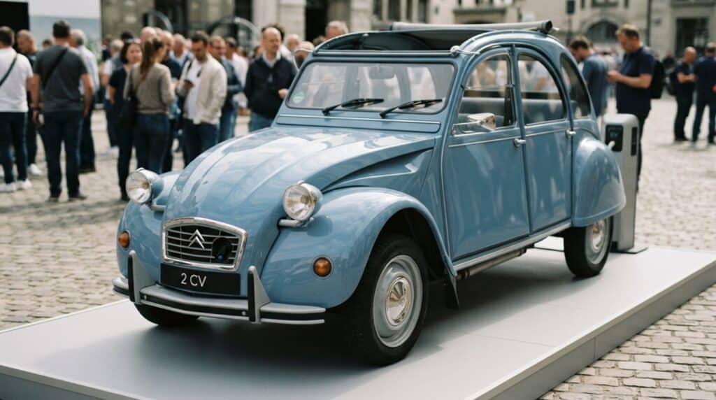 Citroen 2 CV Elektrikli Olarak Sahneye Çıkıyor: 15 Bin Euro Hedefiyle Yollara Dönüyor 2 Arnavut kaldırımlı bir meydandaki platform üzerinde sergilenen, açık renkli Citroen 2 CV modeli klasik otomobil.