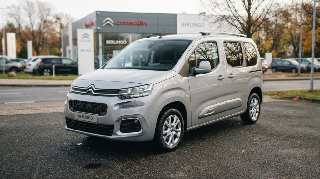 Citroen Berlingo ve Güncel Ekim Kampanyaları: 1,4 Milyon TL Kredi Seçeneği 2 Gri renkli Citroen Berlingo hafif ticari araç, bir Citroen bayisinin önündeki park alanında duruyor.