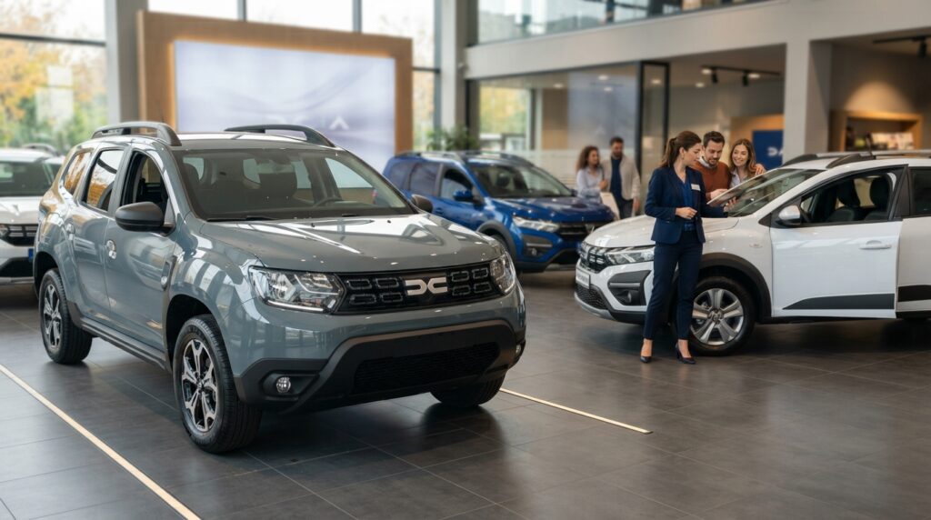 Dacia’dan Ekim Ayında Dikkat Çeken Sıfır Araç Fiyatları ve Kampanyaları 2 Modern bir otomobil showroom'unda sergilenen gri renkli bir Dacia Duster ve önünde duran müşterileriyle ilgilenen bir satış danışmanı.