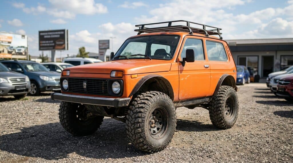 Çakıl zeminde duran tavan bagajlı ve büyük off-road lastikli turuncu bir Lada Niva.