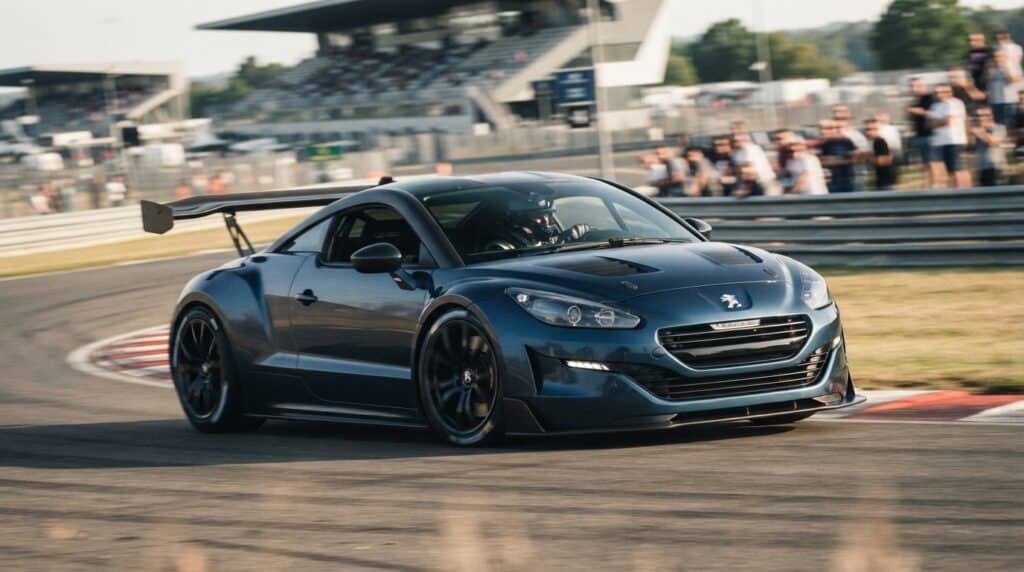 Efsane Geri Dönüyor: Peugeot RCZ Vision 500 Beygir Güçle Sahne Aldı 2 Pist üzerinde virajı dönen, arka spoiler'a ve özel gövde kitine sahip mavi renkli Peugeot RCZ yarış otomobili.