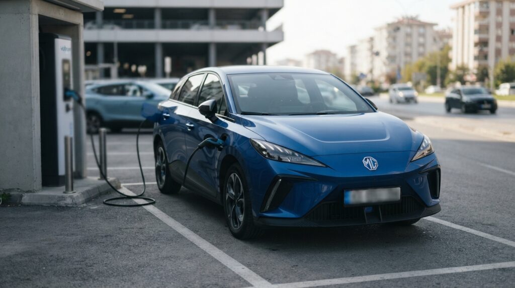 Şarj istasyonunda park halindeki mavi renkli MG elektrikli otomobil.
