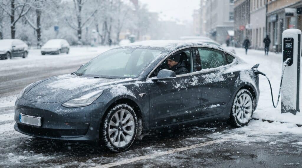 Elektrikli Araç Kış Menzil Kaybı: 2026 Rehberi 2 Karlı bir günde şarj istasyonuna bağlı olan gri renkli Tesla Model 3'ün içinde oturan sürücü.