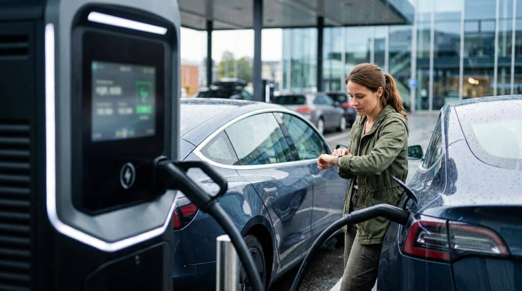 Elektrikli Araçlarda Menzil Çözümü: Büyük Batarya mı, Yüksek Şarj Hızı mı? 2 Şarj istasyonunda Tesla Model 3 otomobilini şarj eden kadın kolundaki saate bakıyor.