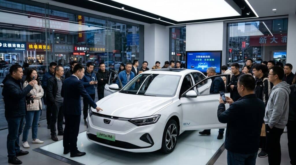 Elektrikli Jetta M6 Çin'de Satışa Çıktı: İlk 19 Saatte 10 Binden Fazla Sipariş 2 Bir otomobil galerisinde sergilenen beyaz renkli elektrikli Jetta M6 model aracı inceleyen kalabalık müşteri grubu.