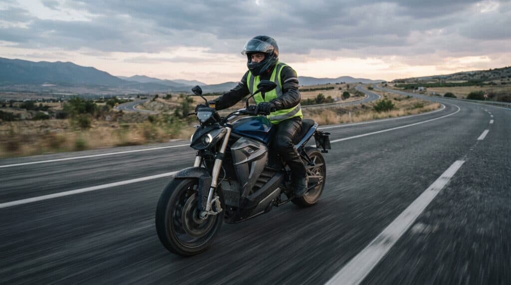 Sürücüsünün kask ve yelek giydiği siyah bir Energica elektrikli motosiklet asfalt yolda ilerliyor.