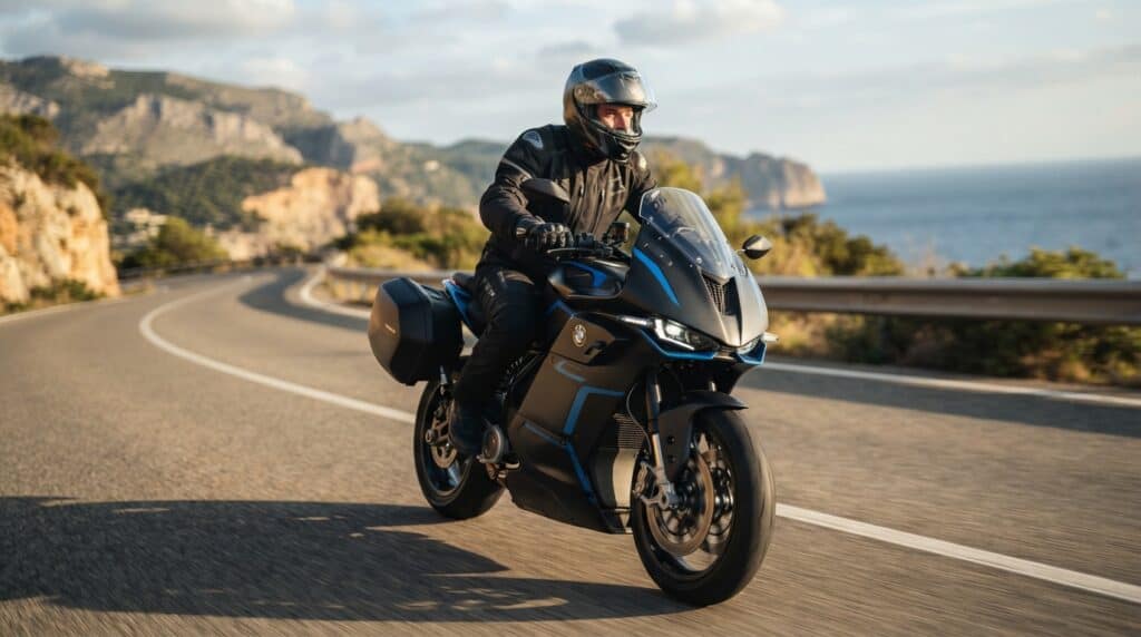 Elektrikli Motosikletlerde Menzil Rekoru Yeniden Yazıldı: Tek Şarjla 436 Kilometre 2 Bir virajda sürüş yapan siyah BMW elektrikli motosiklet ve üzerindeki kasklı sürücü.