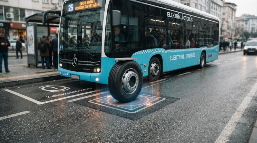 Sokakta yer alan kablosuz şarj ünitesi üzerinde duran mavi renkli Mercedes-Benz elektrikli otobüs.