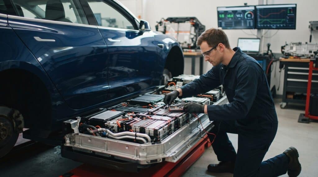 Mavi bir elektrikli otomobilin bataryasını inceleyen ve test eden teknisyen.