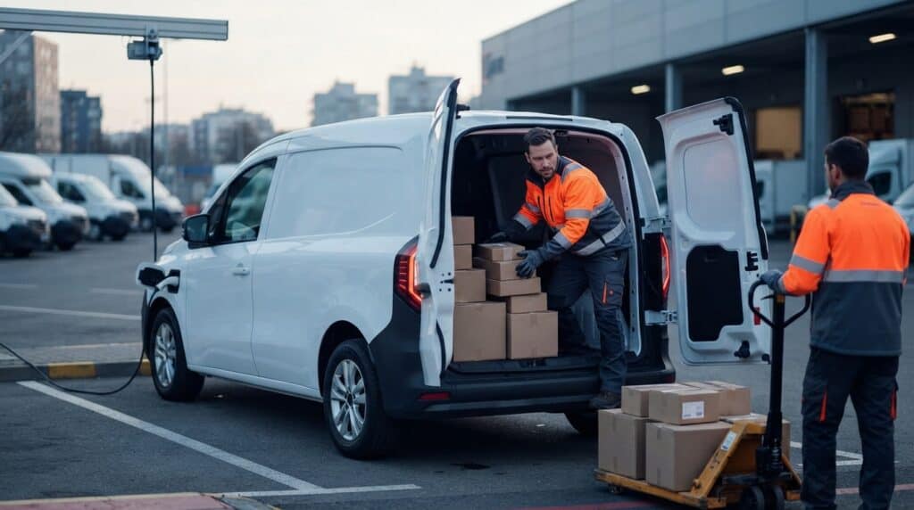 Elektrikli Ticari Araç Alınır mı? 2026 Panelvan ve Kargo Rehberi 2 Şarj istasyonuna bağlı beyaz bir elektrikli panelvanın arkasında paket yükleyen ve taşıyan iki kurye yer alıyor.