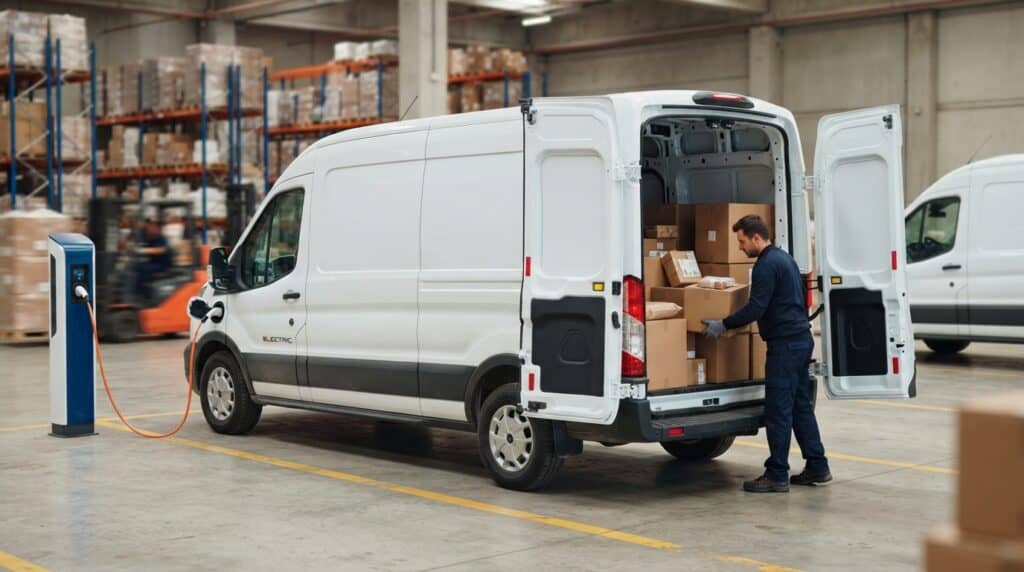 Depodaki şarj istasyonuna bağlı beyaz bir elektrikli panelvanın arkasında paketleri yerleştiren kurye.