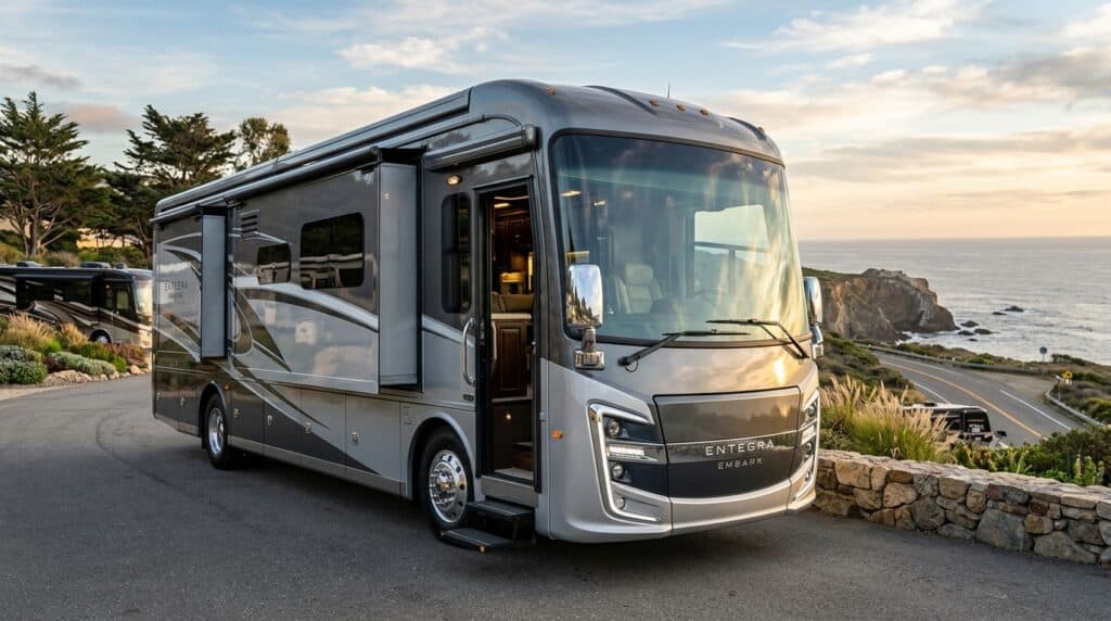 Elektrikli ve Menzil Uzatıcılı Lüks Karavan: Entegra Embark 1 Deniz manzaralı kıyı yolunda park halindeki gri renkli lüks Entegra Embark karavanı.