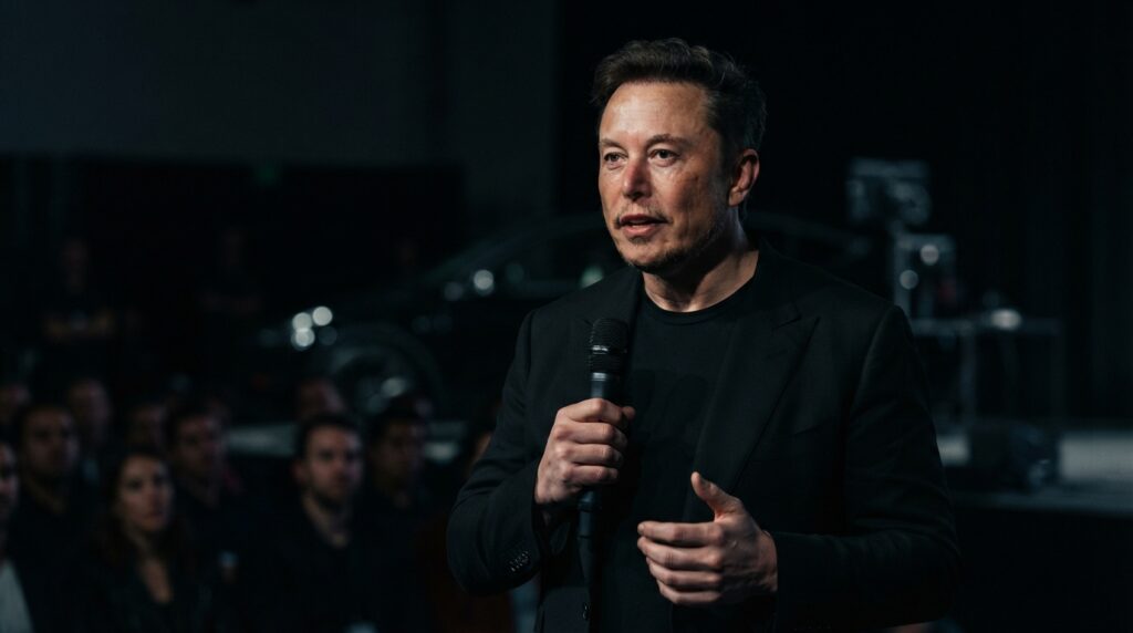 Elon Musk'tan Robotaksi İtirafı: Karanlıkta Düşük Kontrastlı Nesneleri Görmek Neden Zor? 2 Elon Musk, siyah takım elbise içinde elinde mikrofonla sahnede konuşma yapıyor.