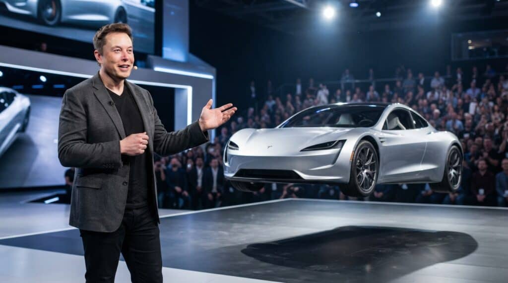 Elon Musk'tan Şaşırtan Hamle: Uçabilen Yeni Tesla Roadster Görücüye Çıktı 2 Sahhnede gri ceketli Elon Musk, önünde havada duran gri bir Tesla Roadster’ı eliyle işaret ediyor.