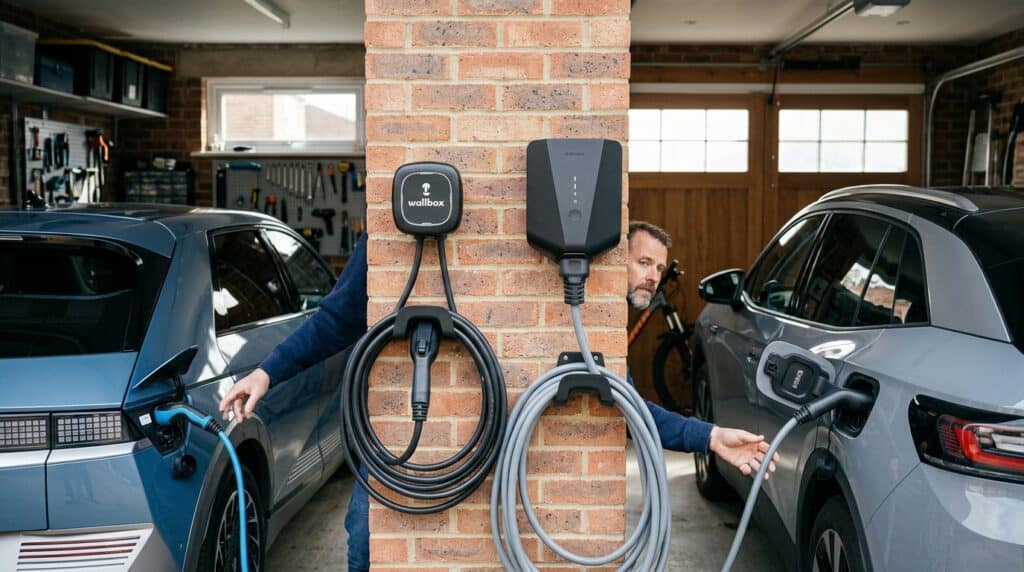 Evde 3 Faz Şarj Gerekir mi? 7 kW ve 11 kW Karşılaştırması 4 Garajdaki tuğla sütunda yer alan Wallbox şarj cihazlarına bağlı mavi Hyundai Ioniq 5 ve gri Volkswagen ID.4 elektrikli araçlar.