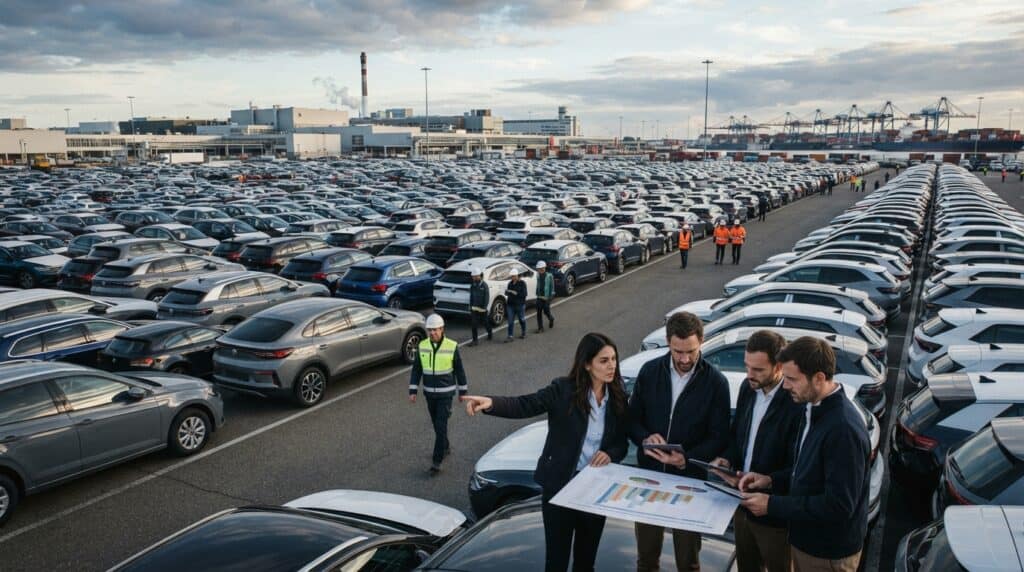 Eylül 2026 Otomotiv Sektörü Analizi: Pazardaki Daralma ve Öne Çıkan Trendler 2 Otomobil stok alanında incelemeler yapan iş insanları ile fabrika çalışanları görülüyor.