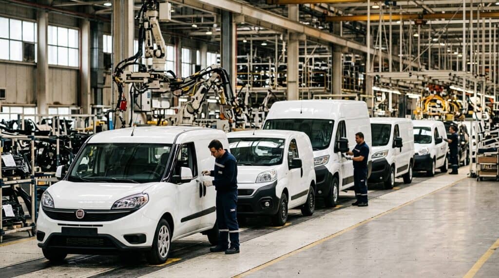 Tofaş fabrikasında montaj hattında ilerleyen beyaz renkli Fiat Doblò araçlar ve üretim hattında çalışan otomotiv işçileri.