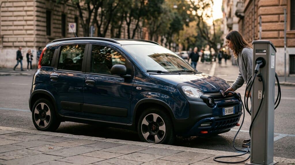 Fiat Grande Panda'nın Menzili 400 Kilometreye Çıktı: Önemli Bir Detay Veda Etti 2 Şehir caddesinde park halindeki koyu mavi Fiat Panda elektrikli otomobilini şarj istasyonuna bağlayan kadın.
