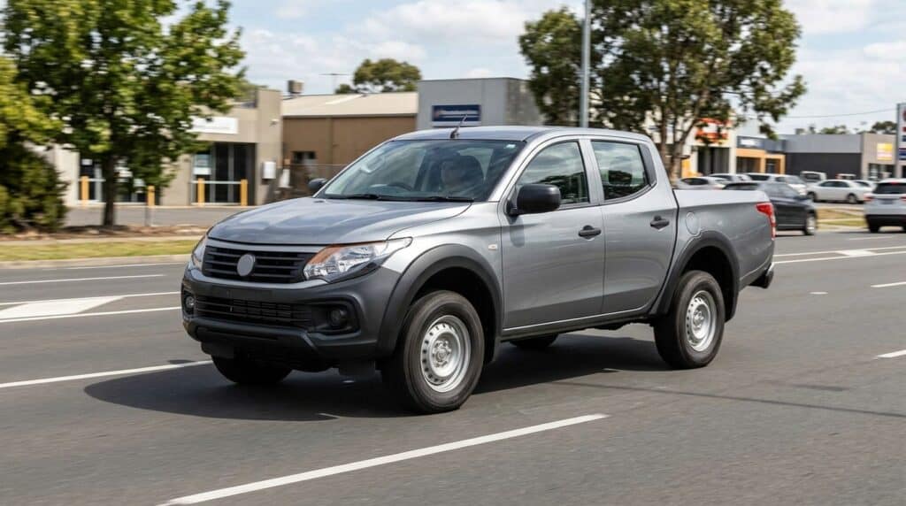 Fiat Grizzly’nin Bütçe Dostu Giriş Versiyonu Kamuflajsız Görüntülendi 2 Gri renkli Fiat Grizzly pikap modeli asfalt yolda ilerliyor.