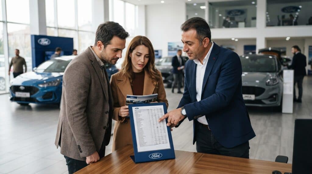 Ford'un Ekim Ayı Fiyat Listesi Yayınlandı: Modeller ve Detaylar 2 Bir Ford bayisinde araç inceleyen bir müşteri çiftine bir satış temsilcisi Ekim ayı fiyat listesini gösteriyor.