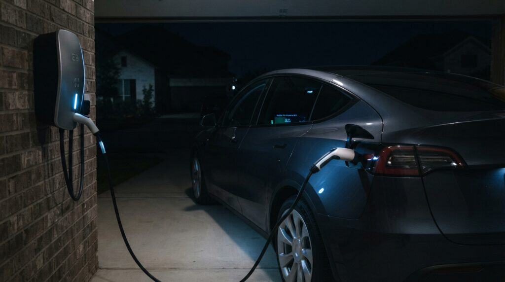 Duvara monte edilmiş şarj istasyonundan kabloyla şarj edilen gri renkli bir Tesla Model Y.