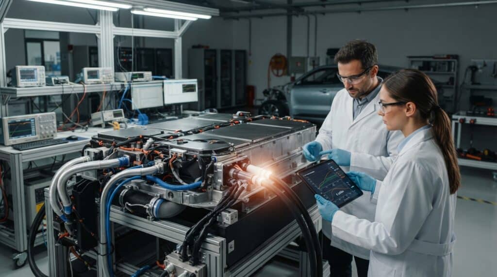 Geely'den Saniyelerle Yarışan Batarya Hamlesi: 8 Dakikada Şarjın Perde Arkası 2 Laboratuvarda bir elektrikli araç bataryasını ve teknolojik verileri tablet üzerinden inceleyen iki mühendis görülüyor.