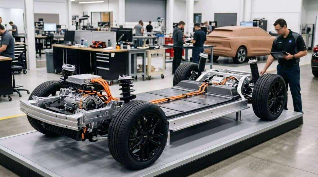 Bir mühendisin incelediği General Motors elektrikli araç şasisi ve arka planda kilden yapılmış bir otomobil modeli.