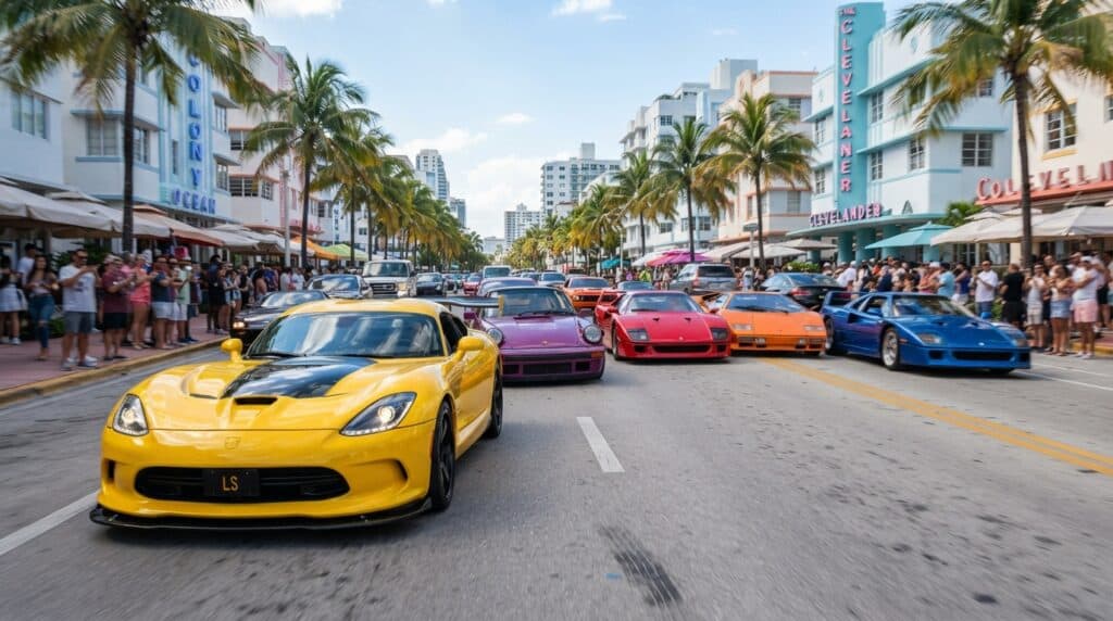 Miami'deki Ocean Drive'da GTA 6'daki araçlara benzeyen renkli spor otomobil konvoyu ve izleyen kalabalık.