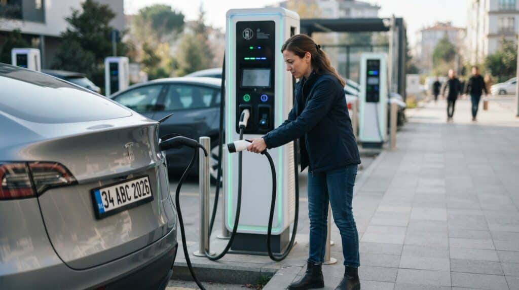 Halka Açık Şarj İstasyonu Nasıl Kullanılır? 2026 Rehberi 2 Bir kadın, halka açık bir şarj istasyonundan aldığı kabloyu Tesla marka elektrikli otomobiline takıyor.