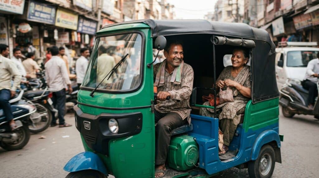 Hindistan'da Elektrikli Tuk-Tuk Dönüşümü: Çevreci Ulaşım Sürücünün Cebini Dolduruyor 2 Hindistan'da kalabalık bir sokakta yeşil ve mavi renkli elektrikli tuk-tuk kullanan gülümseyen bir erkek sürücü ve arka koltukta oturan kadın yolcu.