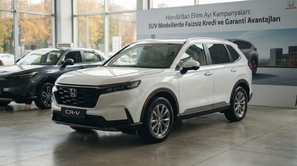 Honda'dan Ekim Ayı Kampanyaları: SUV Modellerde Faizsiz Kredi ve Garanti Avantajları 2 Bir otomobil bayisinde sergilenen beyaz renkli Honda CR-V model bir SUV.