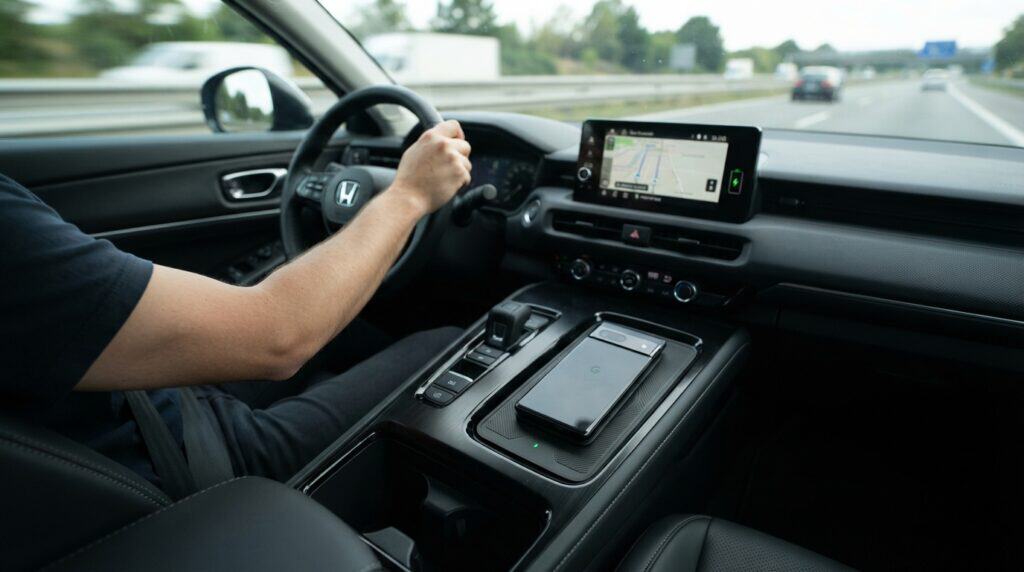 Honda'dan Hareket Halindeyken Kablosuz Şarj Hamlesi 2 Kablosuz şarj pad'i üzerinde duran bir akıllı telefonun bulunduğu, hareket halindeki bir Honda aracın iç mekanı.