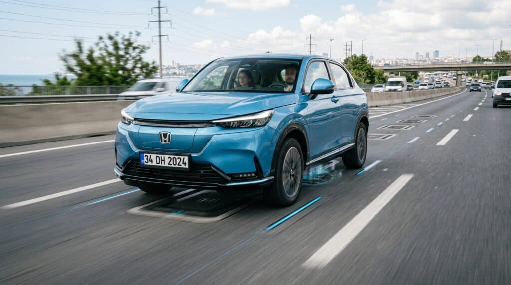 Otoyolda ilerlerken altındaki sistemle kablosuz şarj edilen mavi bir Honda e:Ny1 elektrikli otomobil.