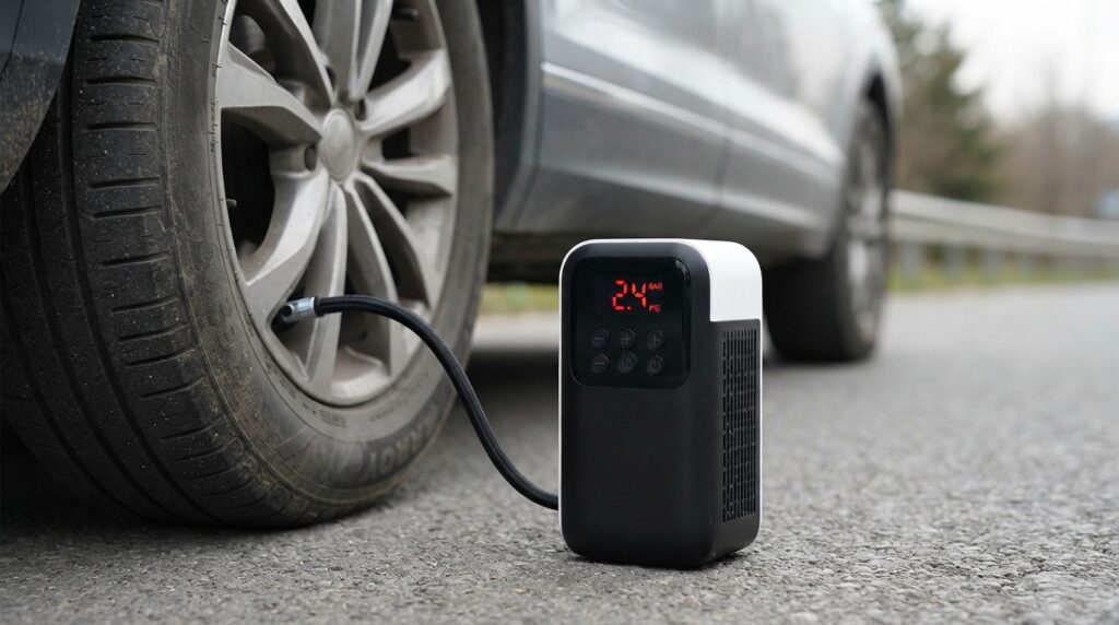 Honor, Taşınabilir Lastik Kompresörü Life Air Pump Lite Modellerini Duyurdu 2 Asfaltta duran, Honor Life Air Pump Lite taşınabilir lastik kompresörü bir araba tekerleğini şişiriyor.
