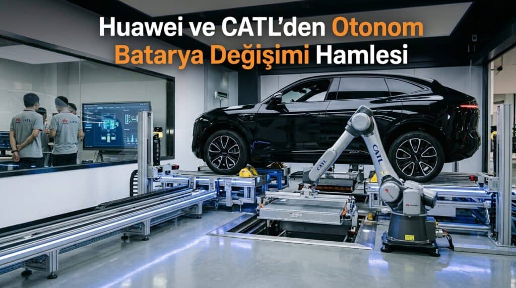 Robotik kollar, lift üzerinde duran siyah renkli Avatr 11 elektrikli otomobilin altındaki batarya paketini değiştiriyor.