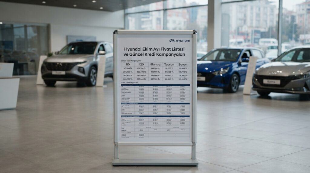 İçerisinde Hyundai Ekim Ayı Fiyat Listesi ve Güncel Kredi Kampanyaları yazılı bir tabela ile arka planda çeşitli Hyundai modellerinin sergilendiği bir oto galer