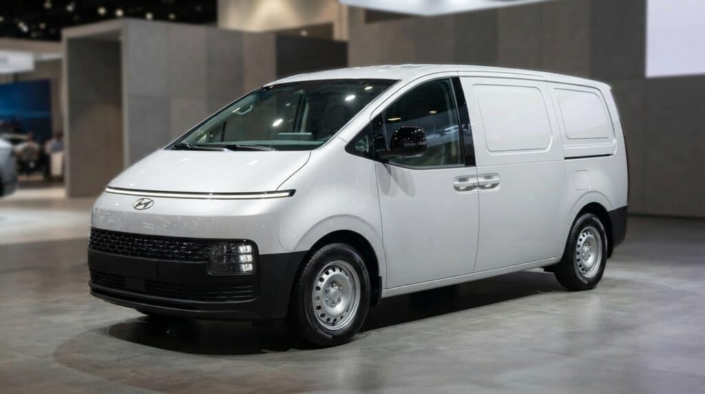 Hyundai'den Elektrikli Hafif Ticari Hamlesi: Yeni STARIA Cargo Görücüye Çıktı 2 Gri Hyundai Staria Cargo hafif ticari elektrikli van modelinin stüdyo ortamındaki ön ve yan açılı görünümü.