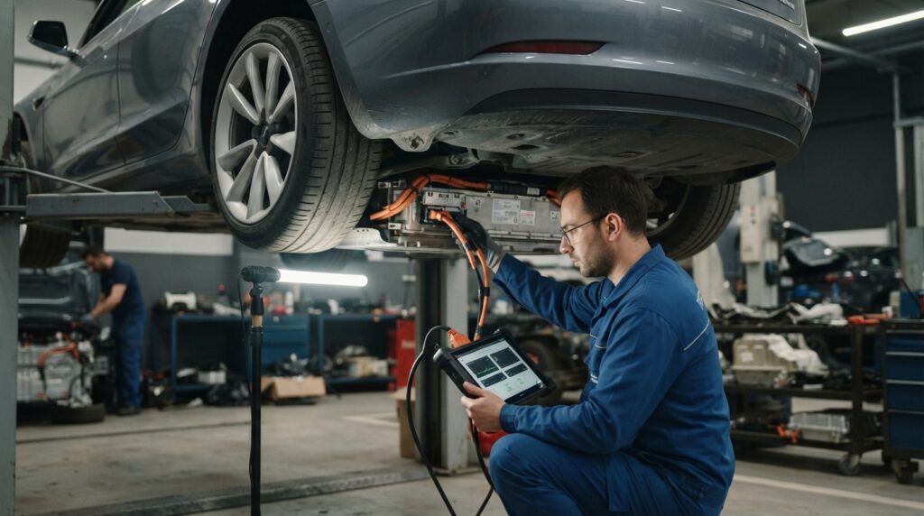İkinci El Elektrikli Araç Eksper Listesi 2026: Batarya Sağlığı 2 Lift üzerindeki elektrikli bir aracın bataryasını diagnostic cihazı ve kablolarla kontrol eden bir teknisyen.