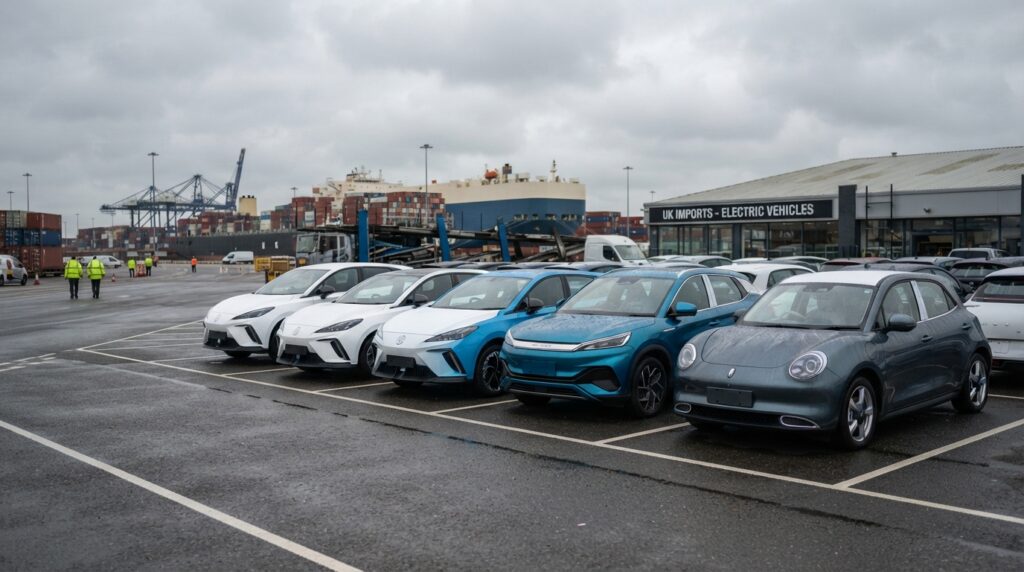 İngiltere'den Çinli Otomobillere Ek Vergi Sinyali: Pazarın Dengesi Değişiyor mu? 2 İngiltere İthalat - Elektrikli Araçlar tabelasının bulunduğu binanın önünde limandaki park alanında bekleyen elektrikli Çin menşeili otomobiller.