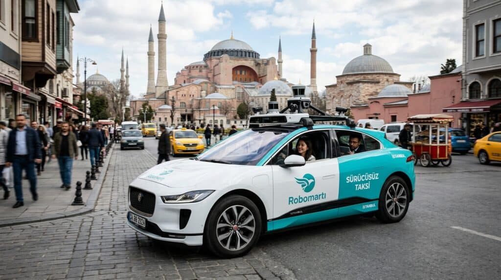 İstanbul Yollarına Sürücüsüz Taksi Geliyor: Robomartı Tanıtıldı 2 Ayasofya'nın önündeki caddede ilerleyen, tavanı sensörlü ve Robomartı giydirmeli Jaguar I-Pace marka sürücüsüz taksi.