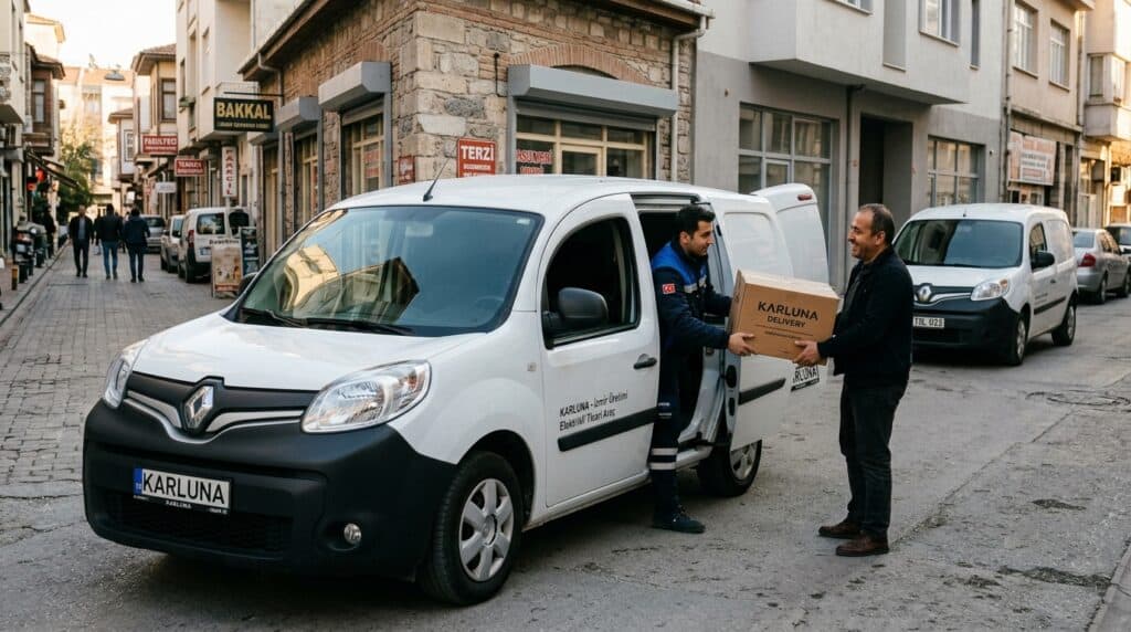 İzmir Üretimi Elektrikli Ticari Araç Karluna Pratik Yollarda: İlk Teslimatlar Başladı 8 Sokağa park etmiş Karluna logolu Renault ticari araçtan kuryenin müşteriye kargo kutusunu teslim etmesi.