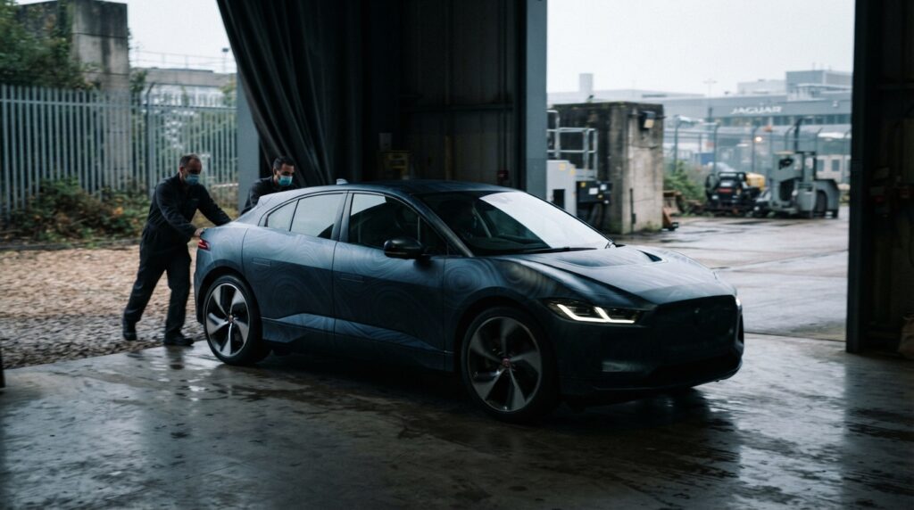 Jaguar'ın Yeni Elektrikli Amiral Gemisi Type 01 Tanıtım Öncesi Sızdırıldı 2 Kamuflaj kaplı yeni Jaguar elektrikli amiral gemisi, bir tesisten çıkarılırken iki kişi tarafından arkasından itiliyor.