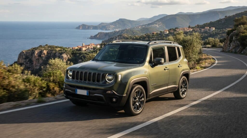 Jeep Renegade, Yeni Nesliyle Avrupa Pazarında Yeniden Sahneye Çıkıyor 2 Yeşil renkli bir Jeep Renegade, sahil kenarındaki kıvrımlı bir yolda ilerliyor.
