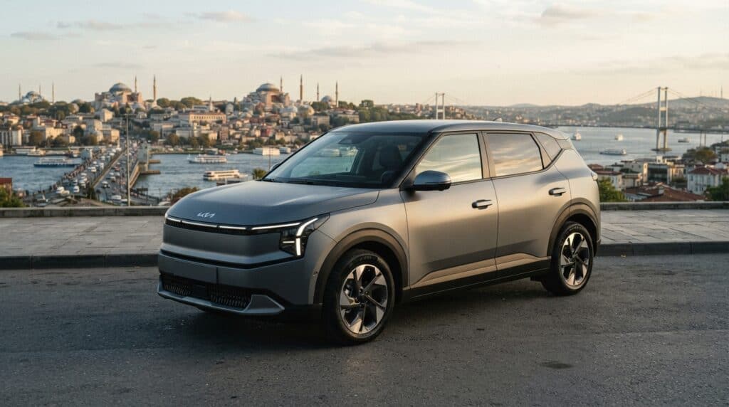 Kia EV3 Türkiye'de Kimlere Uyar? Kompakt SUV ve Menzil Analizi 2 Gri renkli Kia EV3 kompakt elektrikli SUV, İstanbul silueti ve boğaz manzarası eşliğinde park halindedir.