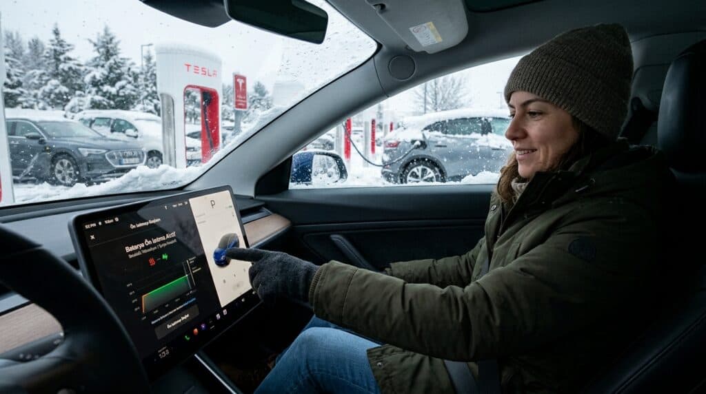 Karlı bir günde Tesla Supercharger istasyonundaki sürücü, araç ekranından batarya ön ısıtma özelliğini kullanıyor.