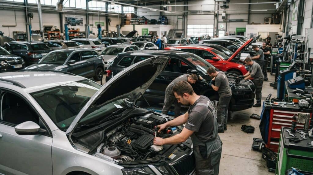 Küçük Bir Parça Büyük Kriz Yarattı: 1.7 Milyondan Fazla Skoda Servise Çağrılıyor 2 Geniş bir oto tamir servisinde bakım ve onarım yapılan Skoda marka araçlar ile çalışan teknisyenler.