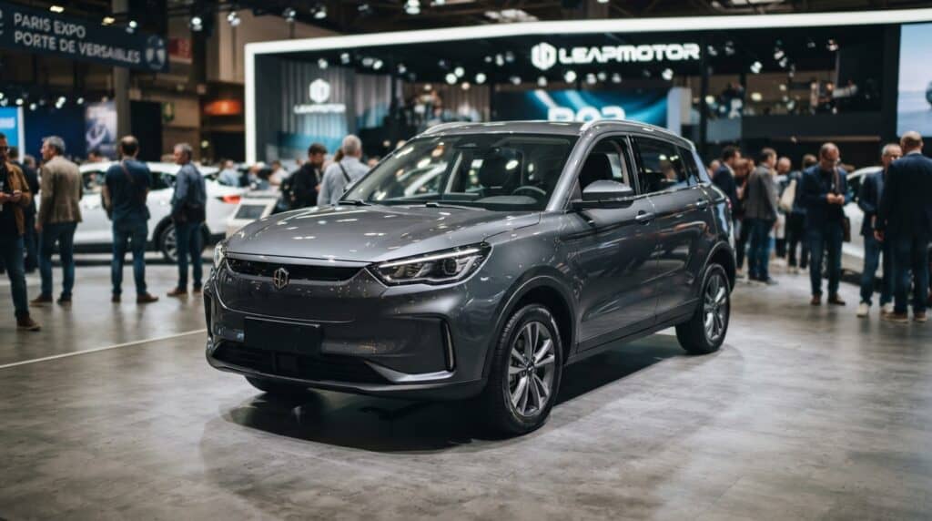 Bir otomobil fuarında sergilenen gri Leapmotor B03 SUV model aracın ön ve yan açından görünümü.